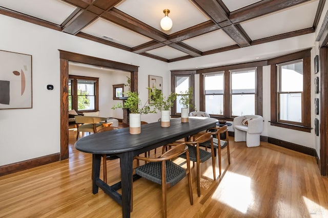 dining room featuring baseboards, coffered ceiling, and light wood-style floors