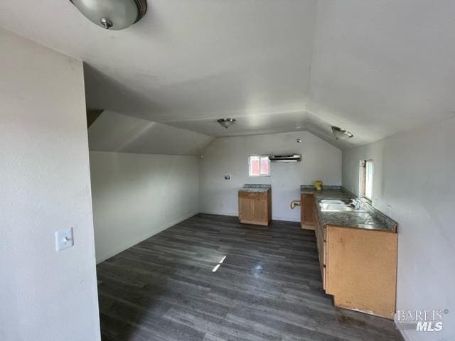 additional living space with dark wood-type flooring, sink, and vaulted ceiling