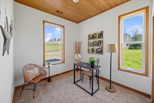 home office with built in features, a wealth of natural light, light carpet, and wooden ceiling