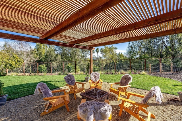 view of patio with an outdoor fire pit and fence