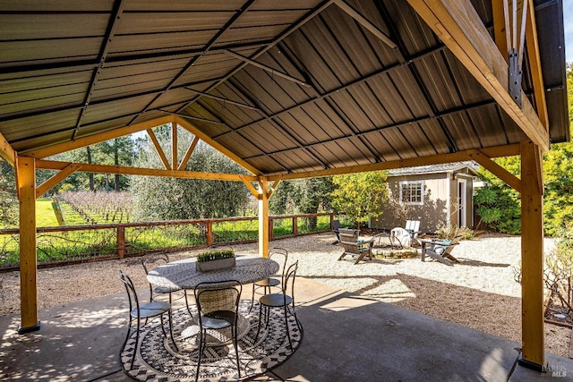 1077 Valley View St, Saint Helena, CA 94574 - view of patio / terrace with outdoor dining area, a storage shed, and a gazebo
