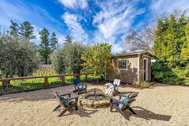1077 Valley View St, Saint Helena, CA 94574 - view of yard featuring an outdoor fire pit and a storage unit