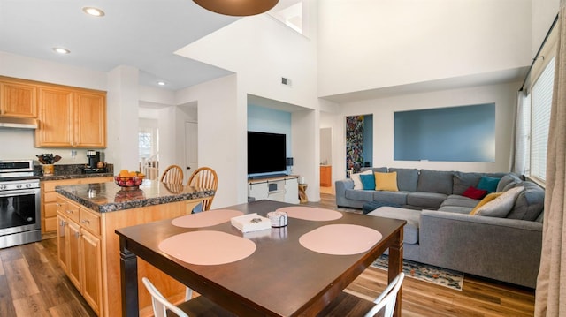 kitchen with wood finished floors, light brown cabinets, stainless steel range with gas cooktop, a kitchen island, and under cabinet range hood