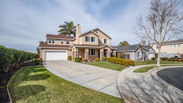 view of front facade with stucco siding, stone siding, concrete driveway, a front yard, and a chimney