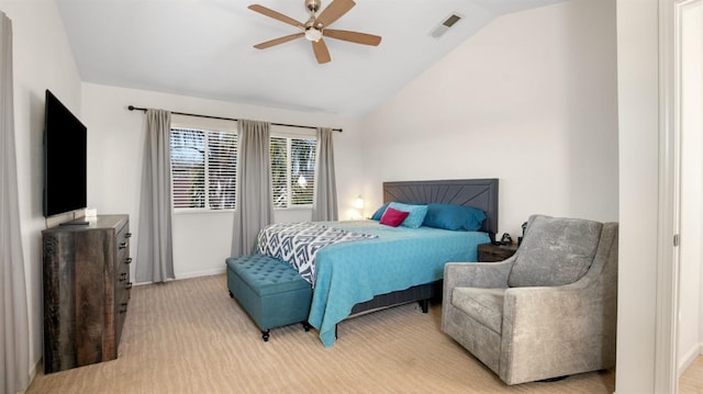 bedroom featuring visible vents, a ceiling fan, baseboards, light colored carpet, and vaulted ceiling