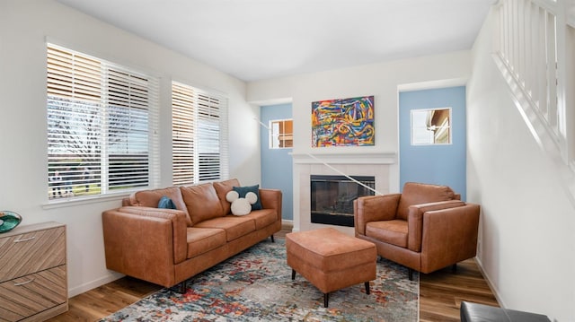 living area featuring baseboards, wood finished floors, and a fireplace