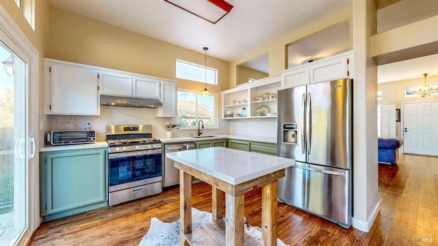 kitchen with white cabinets, open shelves, a sink, under cabinet range hood, and stainless steel appliances