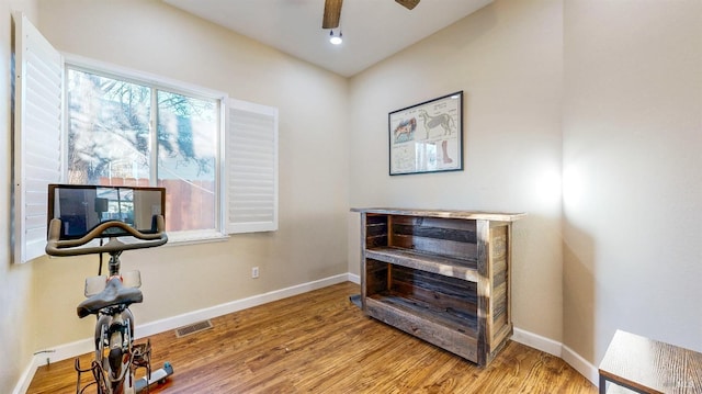 interior space with ceiling fan and wood-type flooring