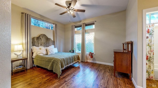 bedroom with multiple windows, dark wood-type flooring, and ceiling fan