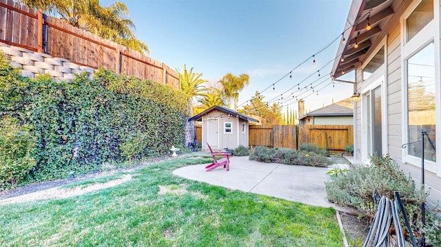 view of yard featuring a shed and a patio area