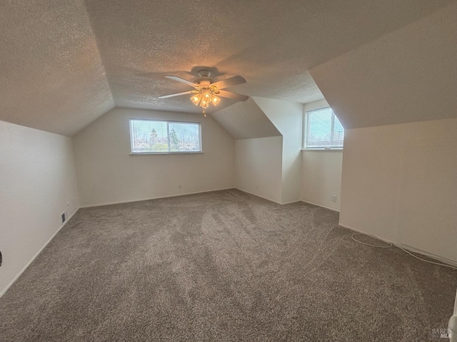 additional living space featuring ceiling fan, carpet flooring, vaulted ceiling, and a textured ceiling