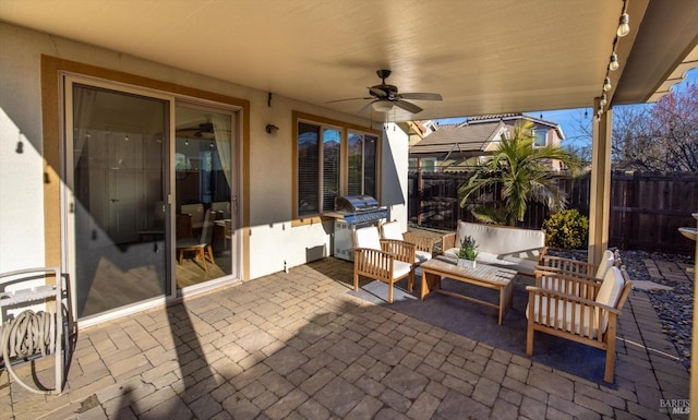 view of patio / terrace with a grill, an outdoor hangout area, and ceiling fan