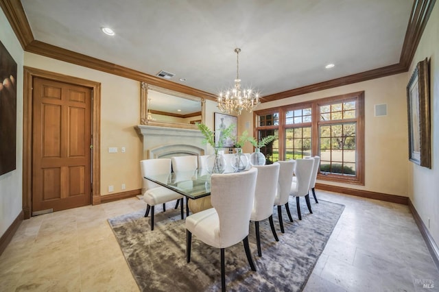 dining space with an inviting chandelier and crown molding