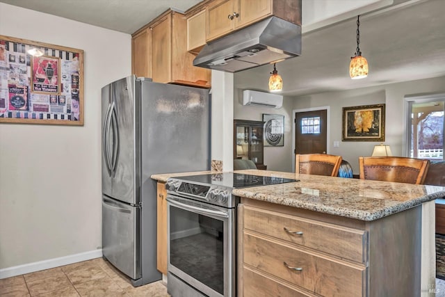 kitchen featuring a wall unit AC, appliances with stainless steel finishes, light stone countertops, under cabinet range hood, and pendant lighting