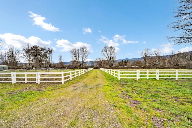 view of gate with fence, a mountain view, and a rural view