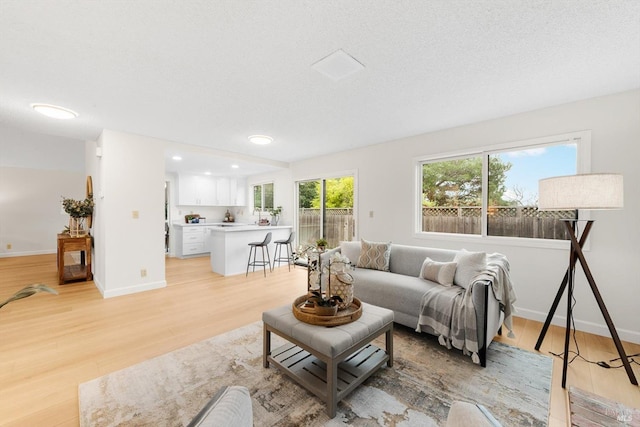 living room with a textured ceiling and light wood-type flooring