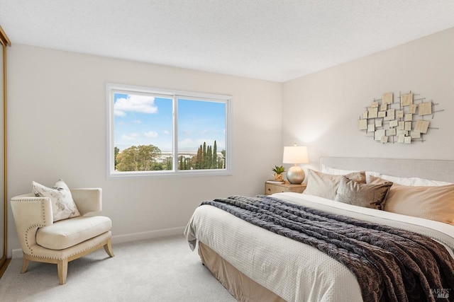 carpeted bedroom with a textured ceiling