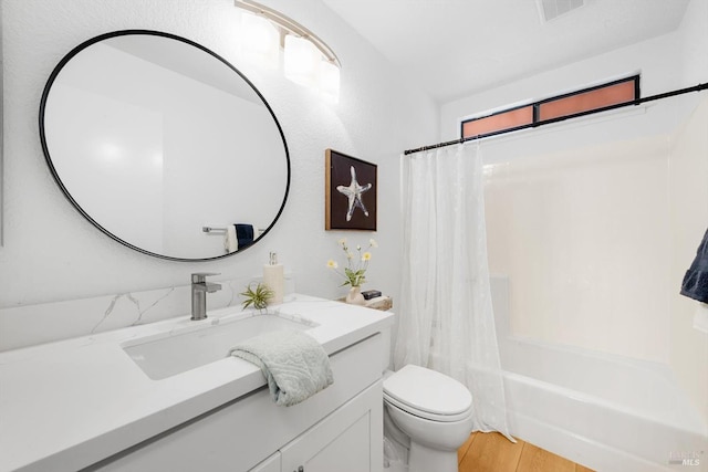 full bathroom with vanity, wood-type flooring, toilet, and shower / bathtub combination with curtain