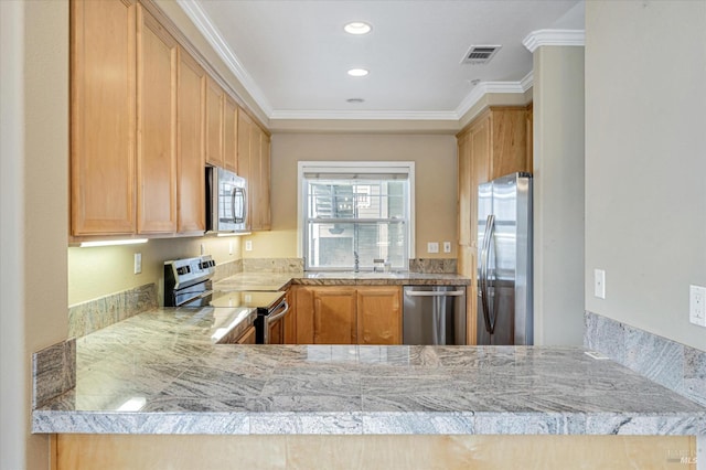 kitchen with sink, crown molding, stainless steel appliances, and light brown cabinets