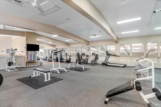 exercise room with lofted ceiling