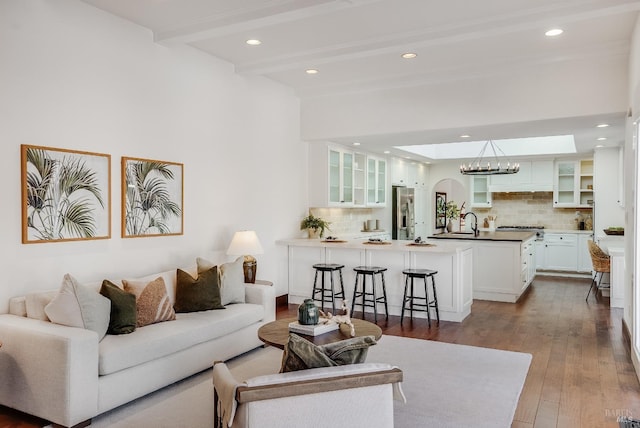 107 Deer Hollow Rd, San Anselmo, CA 94960 - living area with dark wood-style floors, recessed lighting, beamed ceiling, and a chandelier