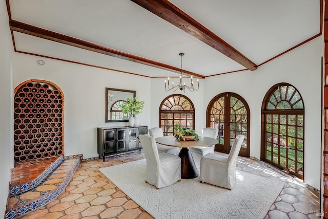 107 Deer Hollow Rd, San Anselmo, CA 94960 - dining space featuring a chandelier and beamed ceiling