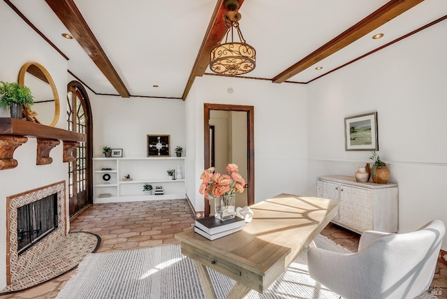 107 Deer Hollow Rd, San Anselmo, CA 94960 - living room featuring beam ceiling, a tile fireplace, and recessed lighting