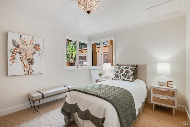 107 Deer Hollow Rd, San Anselmo, CA 94960 - carpeted bedroom with crown molding, baseboards, and attic access