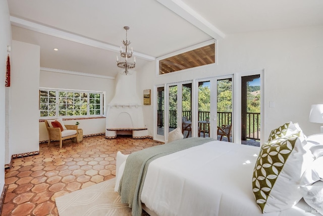 107 Deer Hollow Rd, San Anselmo, CA 94960 - bedroom featuring access to outside, beamed ceiling, and high vaulted ceiling