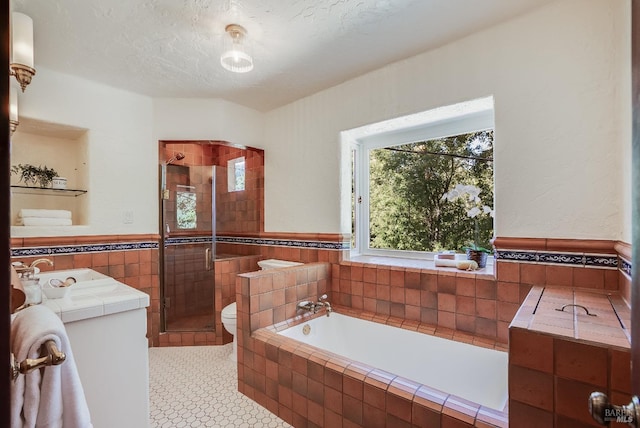 107 Deer Hollow Rd, San Anselmo, CA 94960 - full bath featuring tile walls, toilet, a shower stall, a bath, and a wainscoted wall