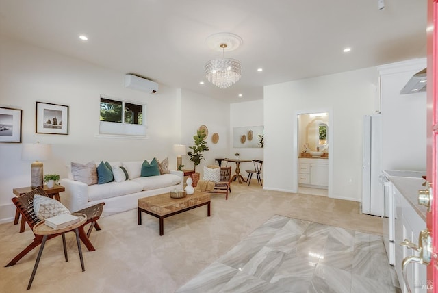 107 Deer Hollow Rd, San Anselmo, CA 94960 - living area with recessed lighting, a wall unit AC, a chandelier, light carpet, and baseboards
