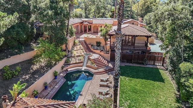 107 Deer Hollow Rd, San Anselmo, CA 94960 - rear view of property with stairway, a tile roof, and stucco siding