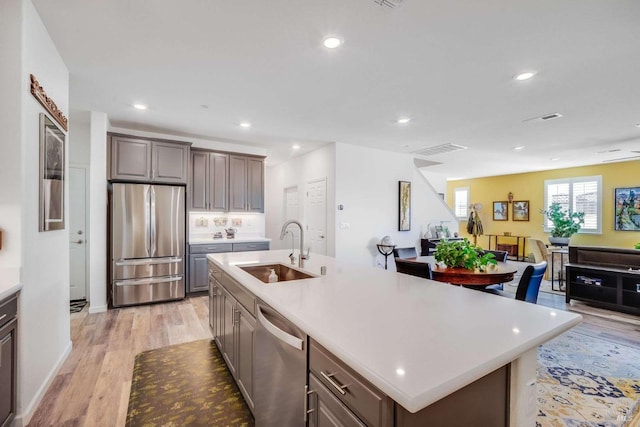 kitchen featuring a kitchen island with sink, sink, stainless steel appliances, and light wood-type flooring