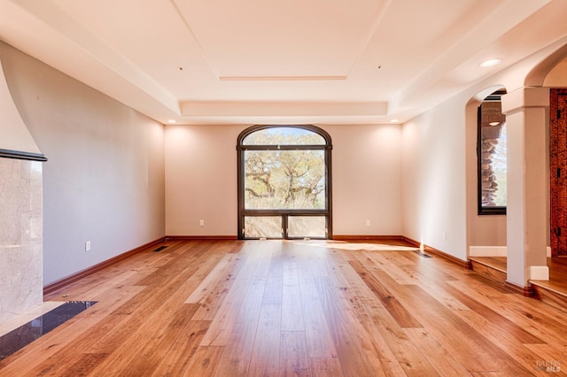 unfurnished room featuring a tray ceiling and light hardwood / wood-style floors