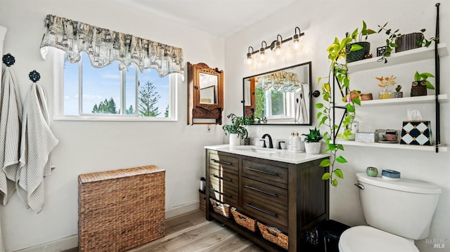 bathroom featuring vanity, wood finished floors, toilet, and a healthy amount of sunlight