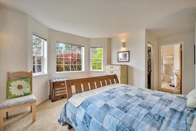 bedroom featuring light colored carpet, connected bathroom, and a walk in closet