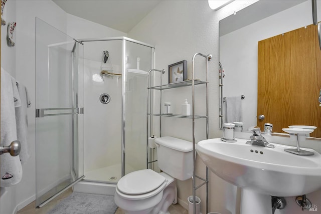 bathroom with walk in shower, lofted ceiling, toilet, and sink