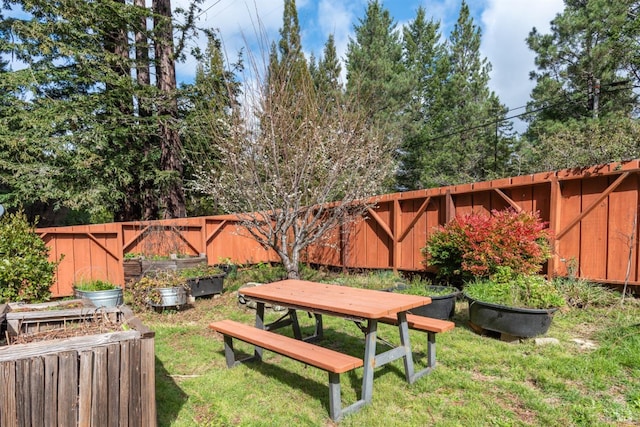 view of yard featuring a garden and a fenced backyard