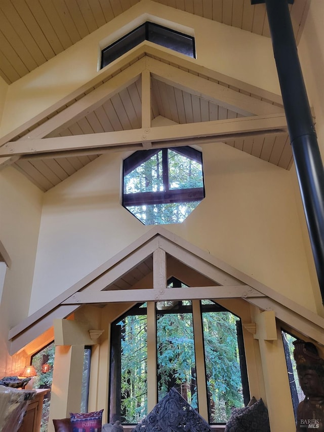 interior details featuring beam ceiling and wood ceiling