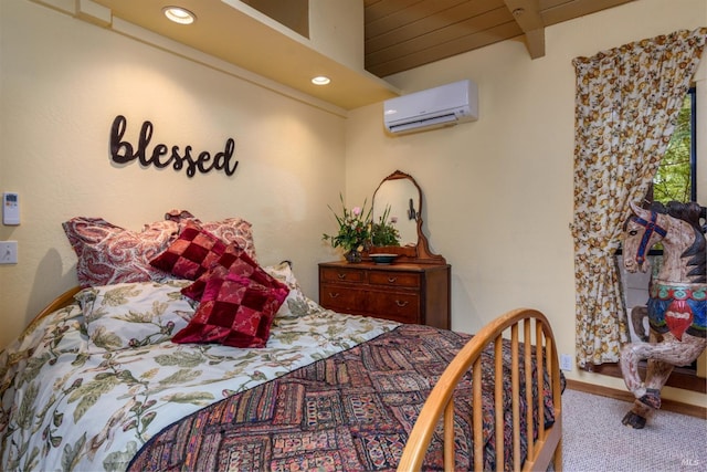 bedroom featuring beamed ceiling, recessed lighting, and a wall mounted air conditioner