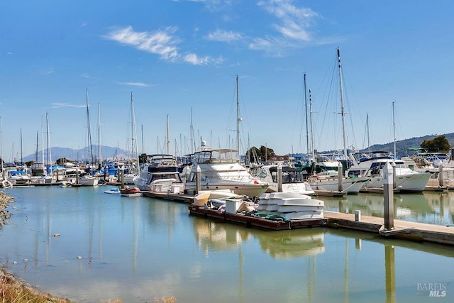 dock area featuring a water and mountain view