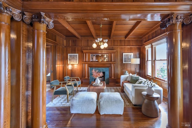living area with wooden ceiling, wooden walls, beam ceiling, wood-type flooring, and a high end fireplace
