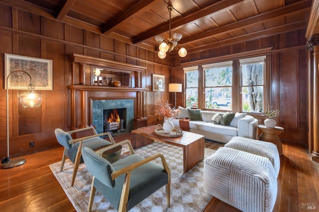 living area with wood ceiling, wood-type flooring, wooden walls, beam ceiling, and a fireplace