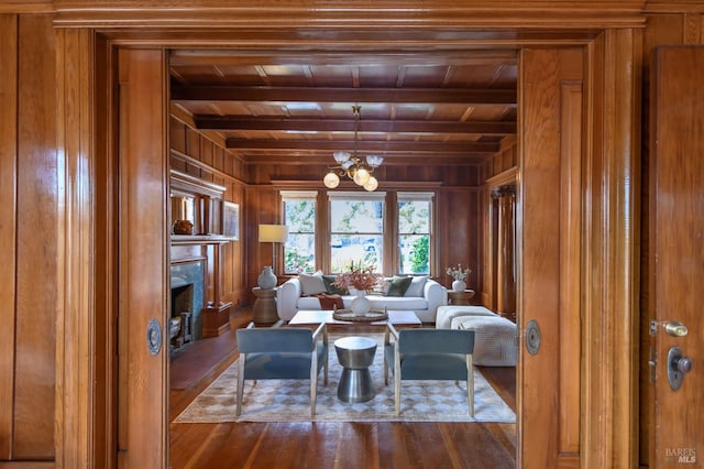 living room with wood ceiling, wooden walls, wood finished floors, a premium fireplace, and beamed ceiling