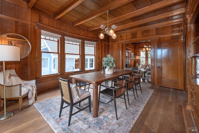dining area featuring a chandelier, wood ceiling, wooden walls, wood-type flooring, and beamed ceiling