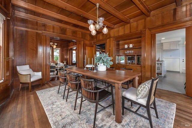 dining room featuring wooden ceiling, wood walls, a chandelier, beam ceiling, and dark wood-style floors