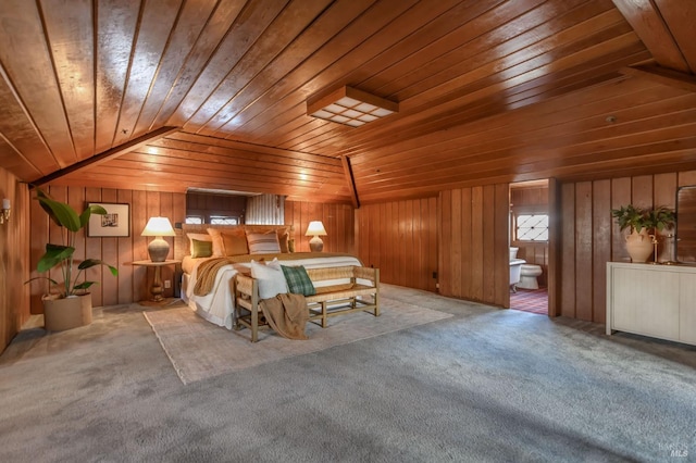 carpeted bedroom featuring wood ceiling, lofted ceiling, and wood walls