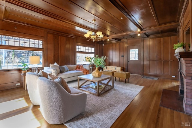 living area with wood ceiling, a chandelier, a fireplace, wood finished floors, and wooden walls