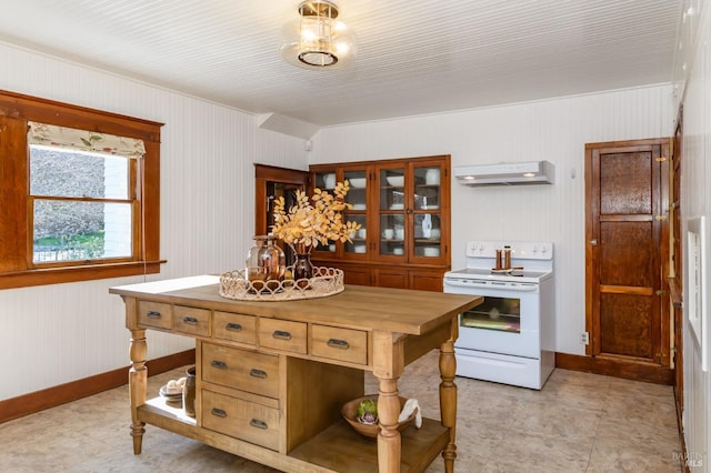 kitchen with white electric range, wood counters, baseboards, open shelves, and glass insert cabinets