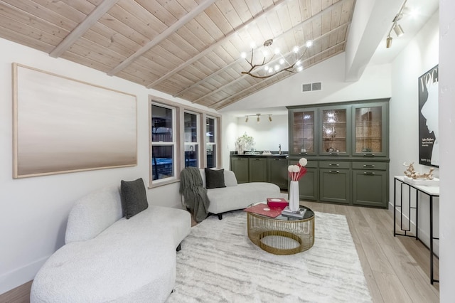 interior space featuring lofted ceiling with beams, wooden ceiling, rail lighting, and light wood-type flooring